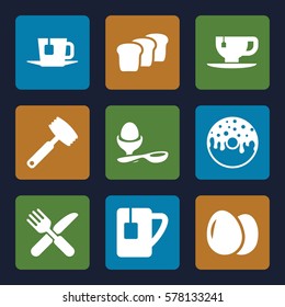 breakfast icon. Set of 9 breakfast filled icons such as egg, donut, tea cup, boiled egg, fork and knife, tea, bread