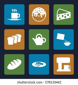 breakfast icon. Set of 9 breakfast filled icons such as bread, donut, fried egg and bacon, cereal, cup, teapot, cheese
