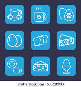 Breakfast icon. set of 9 outline breakfast icons such as egg, cheese, dish, coffee, coffee cup, easter egg