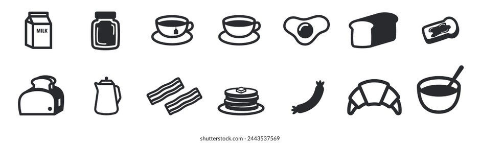 breakfast icon set bundle, eat, bread jam tea and coffee daily routine, morning meal