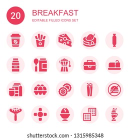 breakfast icon set. Collection of 20 filled breakfast icons included Coffee, Fries, Cheese, Pancake, Sausage, Milk, Baby food, Coffee maker, Lunchbox, Butter, Egg, Biscuits, Wrap
