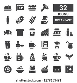 Breakfast Icon Set. Collection Of 32 Filled Breakfast Icons Included Cheese, Biscuit, Baby Food, Bread, Porridge, Food, Sausage, Tea Cup, Pot, Tea, Coffee, Coffee Maker, Cook