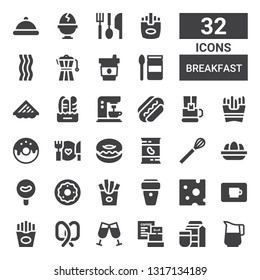 breakfast icon set. Collection of 32 filled breakfast icons included Jug, Milk, Coffee, Toast, Pretzel, Fries, Coffee cup, Cheese, Donut, Sausage, Eggs, Whisk, Beans, Food, French fries