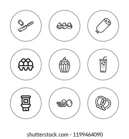 Breakfast icon set. collection of 9 outline breakfast icons with food, egg, eggs, ice coffee, muffin, pancake, pretzel icons. editable icons.