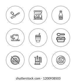 Breakfast icon set. collection of 9 outline breakfast icons with cafe, coffee cup, coffee, french press, ketchup, fried egg, lunchbox, no fast food icons. editable icons.