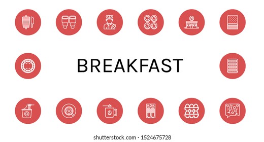 breakfast icon set. Collection of Shawarma, Pastry, Baker, Curd, Donut shop, Bacon, Instant noodles, Coffee, Coffee mug, Pancake, Eggs, Toast, Plate icons