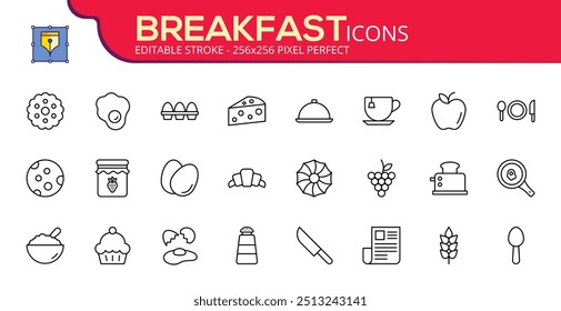 Breakfast icon set. Containing coffee, bread, tea, cereals, jam, milk, orange juice, morning and more. Solid vector icons collection.