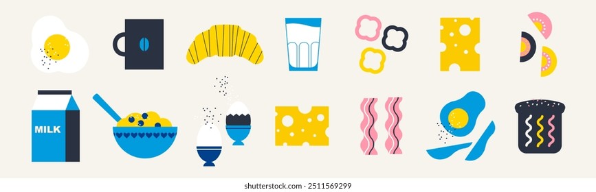 Breakfast icon set. Containing food, lunch, eat, cup, coffee, milk, croissant, sandwich, egg and more. Morning meal vector icons collection. Minimalist design