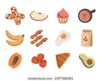  Breakfast icon set. Healthy food, nutrition. Flat design vector illustration for menu and web