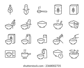 Breakfast icon set. It included oat meal, meal, cornflake, congee, and more icons. Editable Vector Stroke.