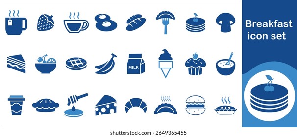 Conjunto de ícones do café da manhã, almoço, queijo, geleia, panqueca, torrada, cereal, ovo frito, loja, linha, croissant, cozinhar, cozinha, pão, retro, sanduíche, suco, jantar, comida, refeição e muito mais