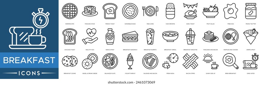 Breakfast icon set. Morning Bite, Pancake Stack, French Toast, Scrambled Eggs , Rise and Dine, Hash Browns, Early Feast, Fruit Salad, Fried Egg, Peanut Butter