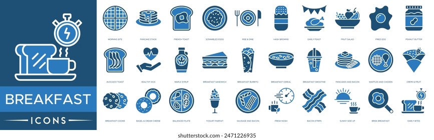 Breakfast icon set. Morning Bite, Pancake Stack, French Toast, Scrambled Eggs , Rise and Dine, Hash Browns, Early Feast, Fruit Salad, Fried Egg, Peanut Butter