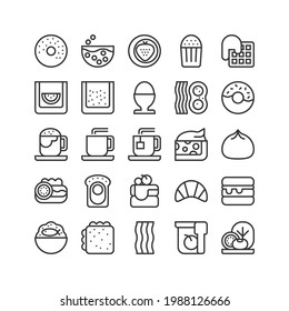 Breakfast icon set. Morning healthy food menu. Cereal, pancake, soft-boiled egg, bacon, hot chocolate, coffee, and more. Vector illustration, outline style, editable stroke. 