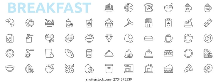 Breakfast icon set outline style with cereal, coffee, tea, bacon, egg, waffle, bagel, croissant, donut, fruit, smoothie, yogurt icons