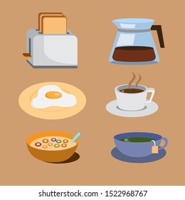 breakfast icon set, toaster, coffe, cereal, tea flat icon illustration vector