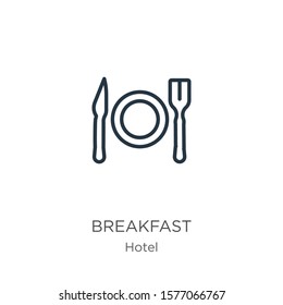 Breakfast icon. Thin linear breakfast outline icon isolated on white background from accommodation collection. Line vector sign, symbol for web and mobile