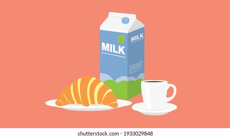 Breakfast Icon. Vector isolated illustration of a milk box, a croissant and a cup of coffee