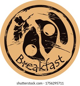 Breakfast icon vector round shabby emblem flat design, old retro style. Fried eggs and sausage silhouette. Food logo stamp on craft paper. Dish for web design. Morning meal shape vintage grunge sign.