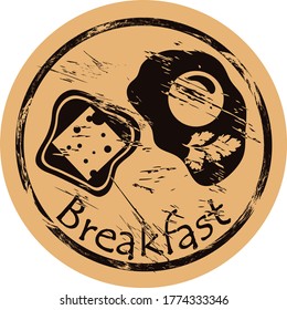 Breakfast icon vector round shabby emblem flat design, old retro style. Fried eggs and sandwich silhouette. Food logo stamp on craft paper. Dish for web design. Morning meal shape vintage grunge sign