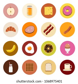 Breakfast Icons; apple, orange juice, cheese, donut, croissant, bacons, sausage, banana, fried egg, pancake, boiled egg, milk, waffle, bread, coffee