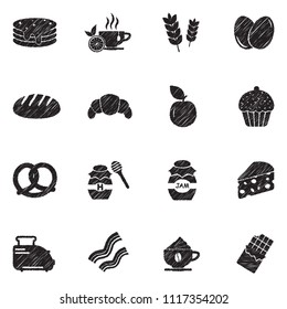 Breakfast Icons. Black Scribble Design. Vector Illustration.
