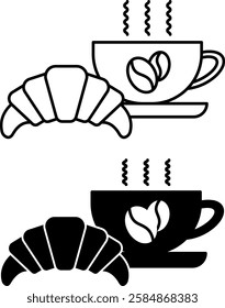 Breakfast Icons. Black and White Vector Drawings. Cup of Hot Coffee and Fresh Croissant. Meal Concept