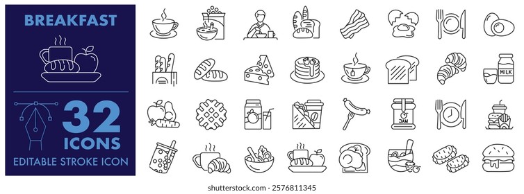 Breakfast icons, Bread, Egg, Coffee, Cereals, Pancakes, Toast, Bacon, Orange Juice, Baguette, Healthy Food, Salad, Related to food and drink Meal Editable Stroke Icons set.