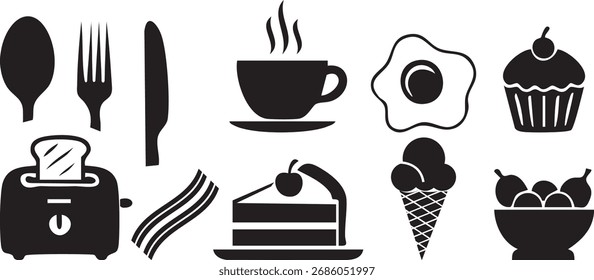 Iconos del desayuno Cuchara de Colección, Tenedor, Cuchillo, Elementos de Comida y bebida Vector