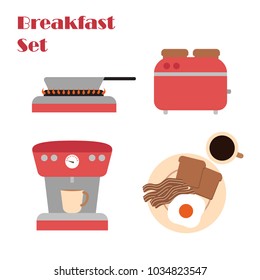 Breakfast icons flat set with coffee machine, pan, egg, bacon, toasts, cup of coffee. Isolated vector illustration