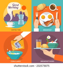 Breakfast icons flat set with coffee time corn flakes bed isolated vector illustration