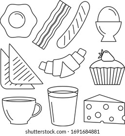 Breakfast icons: fried eggs, croissant, toast, sausage, muffin, cheese, bacon, tea, coffee, juice, milk, drink