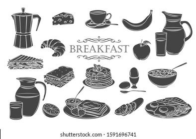 Breakfast icons glyph isolated icons set. Jug of milk, coffee pot, cup, juice, sandwich and fried eggs. White on black vector illustration pancakes, toast with jam, croissant, cheese and flakes.