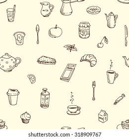 Breakfast icons hand drawn vector seamless pattern