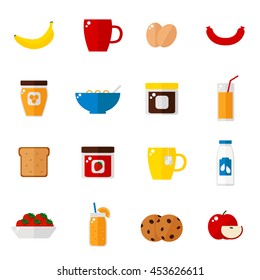 Breakfast icons isolated on white background. Breakfast food set. Coffee, toast, corn flakes, juice, apple, banana, jam, honey, tea, milk, cookies, eggs, sausage. Flat style vector illustration. 