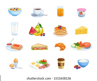Breakfast icons. Milk, coffee cup, juice, fruits, fish, sandwich and fried eggs. Pancakes, toast with jam, croissant, cheese and flakes with milk for design menu cafe. Food concept vector illustration