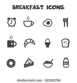 breakfast icons, mono vector symbols