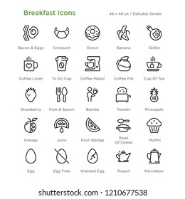 Breakfast Icons - Outline styled icons, designed to 48 x 48 pixel grid. Editable stroke.