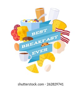 Breakfast icons with ribbon illustration. Morning meal poster.