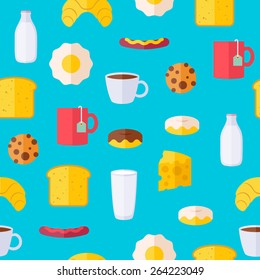 Breakfast icons seamless colorful pattern. Morning food background illustration.