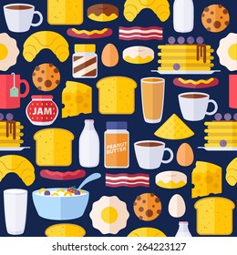 Breakfast icons seamless colorful pattern. Morning food background illustration.