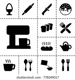 Breakfast icons. set of 13 editable filled breakfast icons such as tea, donut, fork and knife, cereal, teapot, egg, bread, dough pin, coffee machine, knife