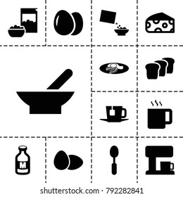 Breakfast icons. set of 13 editable filled breakfast icons such as bowl, egg, cheese, fried egg and bacon, spoon, milk, cereal, tea, bread