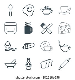 Breakfast icons. set of 16 editable outline breakfast icons such as mug, bowl, teapot, cream, wrap sandwich, maple syrup, boiled egg, fork and knife, spoon, bread, dough pin