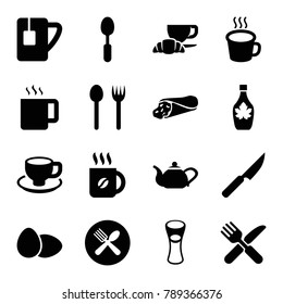 Breakfast icons. set of 16 editable filled breakfast icons such as coffee, fork and spoon, wrap sandwich, maple syrup, milk glass, coffee and croissant, coffee cup, spoon