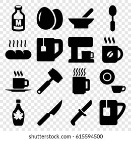 Breakfast icons set. set of 16 breakfast filled icons such as bowl, egg, dish, coffee, tea cup, maple syrup, spoon, milk, cup, bread, knife, coffee machine