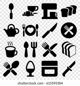 Breakfast icons set. set of 16 breakfast filled icons such as fork and spoon, cream, bread slices, coffee and croissant, spoon, cup, teapot, egg, bread, knife