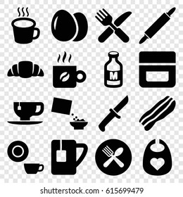Breakfast icons set. set of 16 breakfast filled icons such as egg, baby bid, cream, dish, tea cup, croissant, fork and knife, spoon and fork, milk, cereal, cup, coffee, bacon