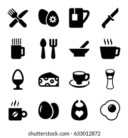 Breakfast icons set. set of 16 breakfast filled icons such as bowl, egg, cheese, baby bid, fork and spoon, milk glass, coffee cup, fork and knife, tea cup, easter egg, coffee