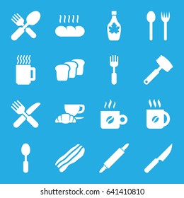 Breakfast icons set. set of 16 breakfast filled icons such as coffee, maple syrup, coffee and croissant, fork and spoon, fork and knife, spoon, fork, bacon, bread, dough pin